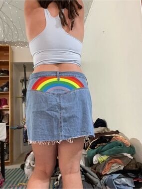 Target Rainbow Embroidered Denim Cutoff Jean Mini Skirt Target Pride Month LGBT